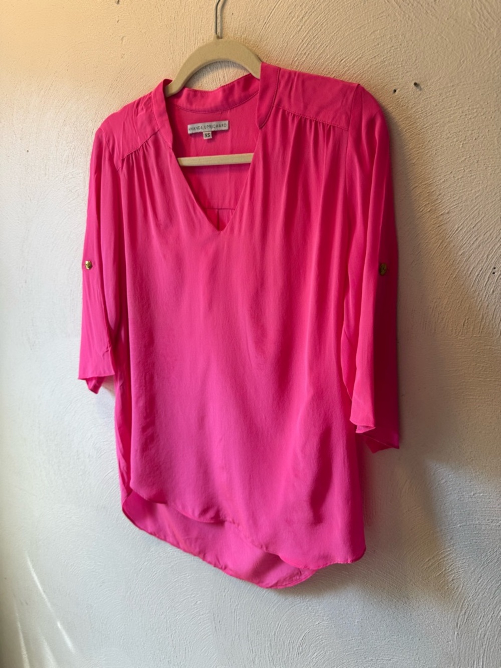 REVOLVE Amanda Uprichard 100% Silk Hot Pink Blouse XS Airy Spring Resort Top USA